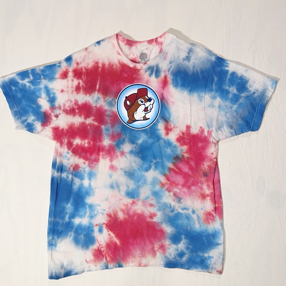 Buc-ee's Tie Dye Graphic T-Shirt XL Red White Blue Lets Get It Poppin Beaver